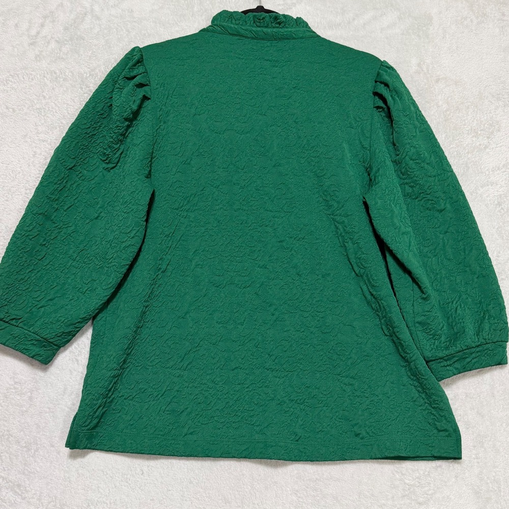Crown & Ivy Blouse Women L Green Ruffle Neck Textured Puff Sleeve Top - Picture 3 of 11
